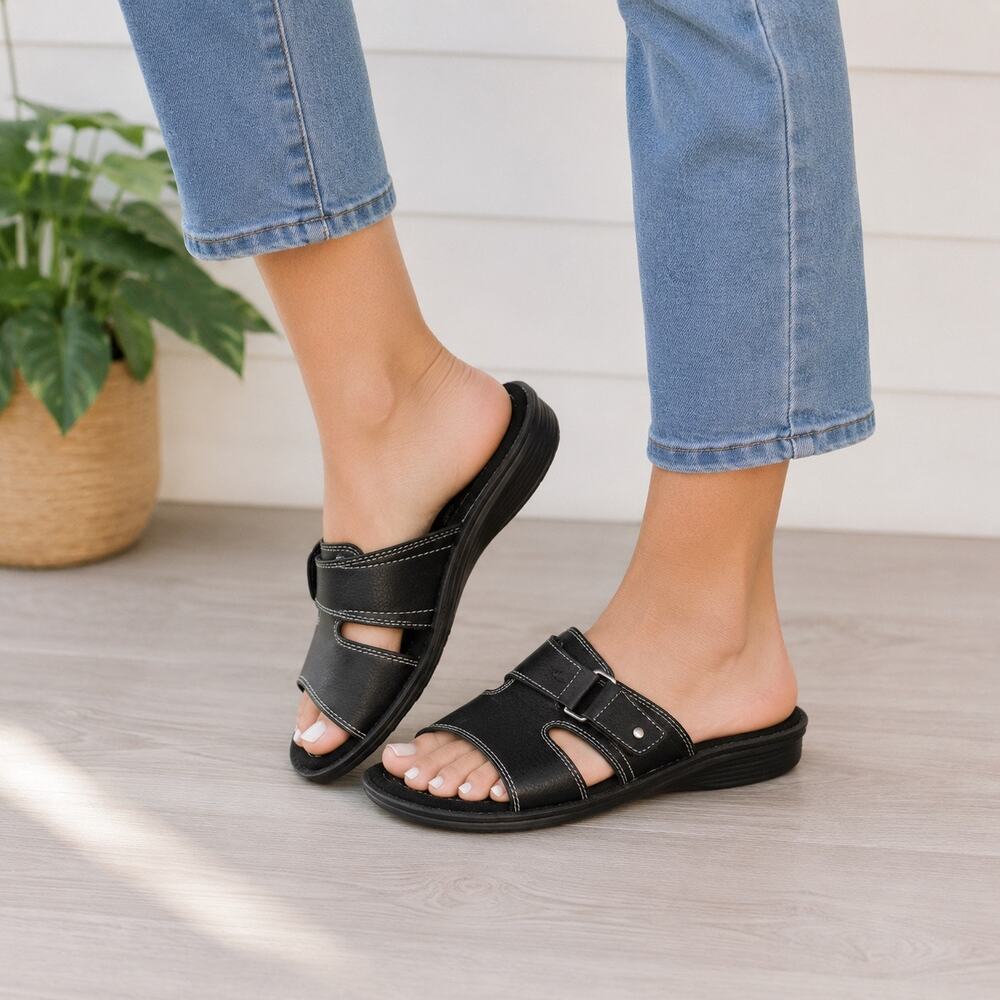 Comfort Plus By Predictions Black Slide Sandals Adjustable Strap Womens 8.5